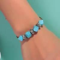 bohemia square natural stone bracelets bangles for women girls tibetan silver beaded chain bracelets