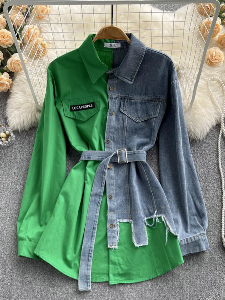 Женская джинсовая Блуза средней длины с длинным рукавом ремнем - купить по