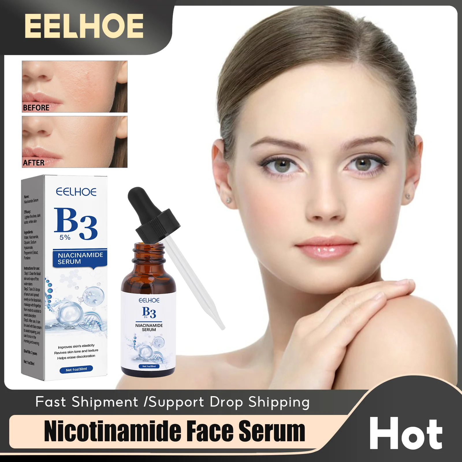 

Nicotinamide Face Serum Fade Dark Spots Melanin Hyaluronic Acid Lifting Firming Whitening Shrink Pores Pigmentation B3 Essence