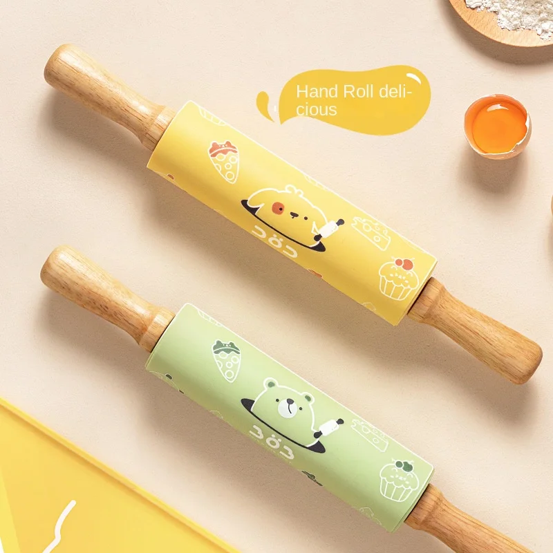 

Non-Stick Silicone Rolling Pin Wooden Handle Pastry Dough Flour Roller Kitchen Cooking Baking Tool for Pasta Cookie Dough