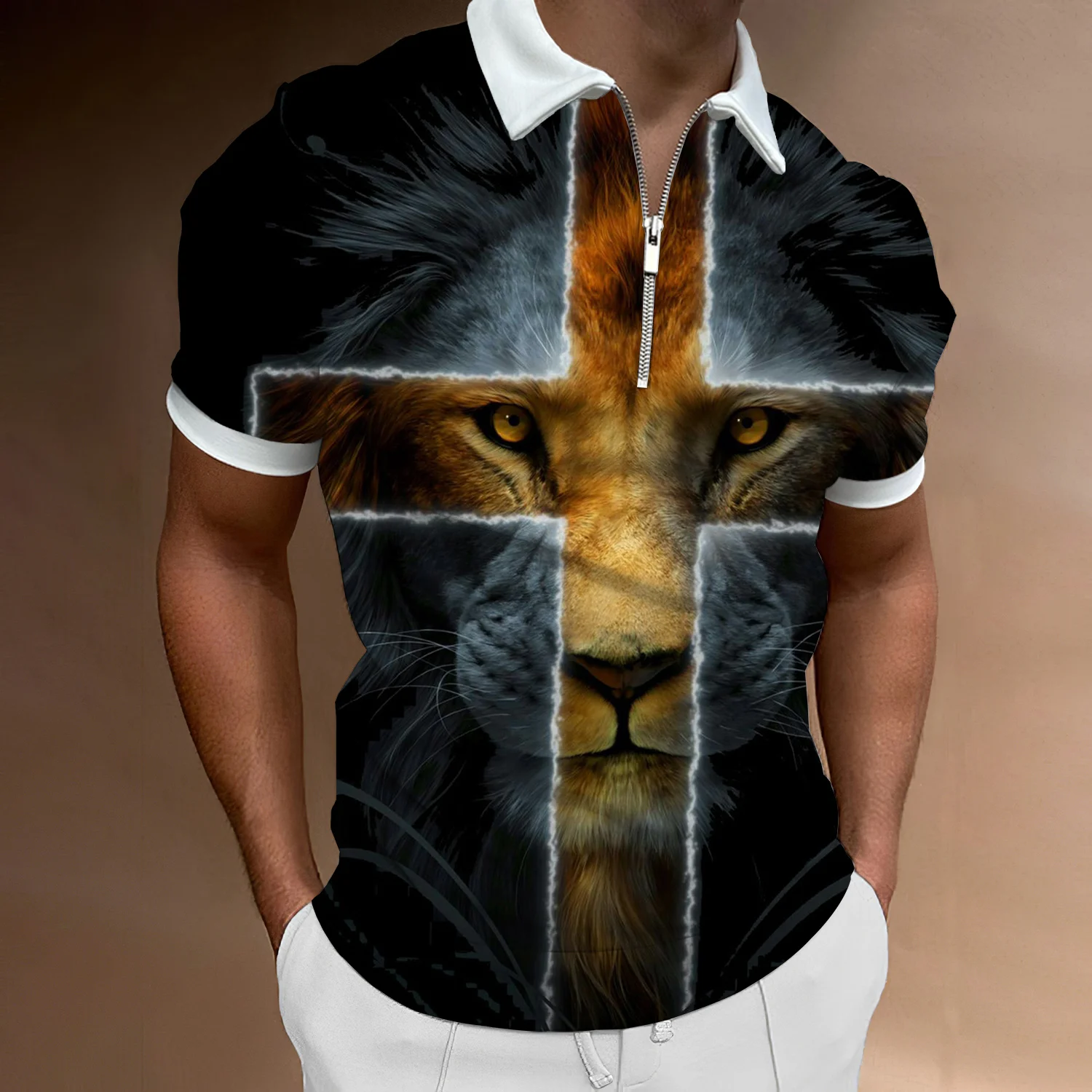 

Elastic Polo Shirt 2022 Summer High Quality Men's T-Shirt Men's Animal 3D Print Casual Short Sleeve Lapel Zip Polo Shirt