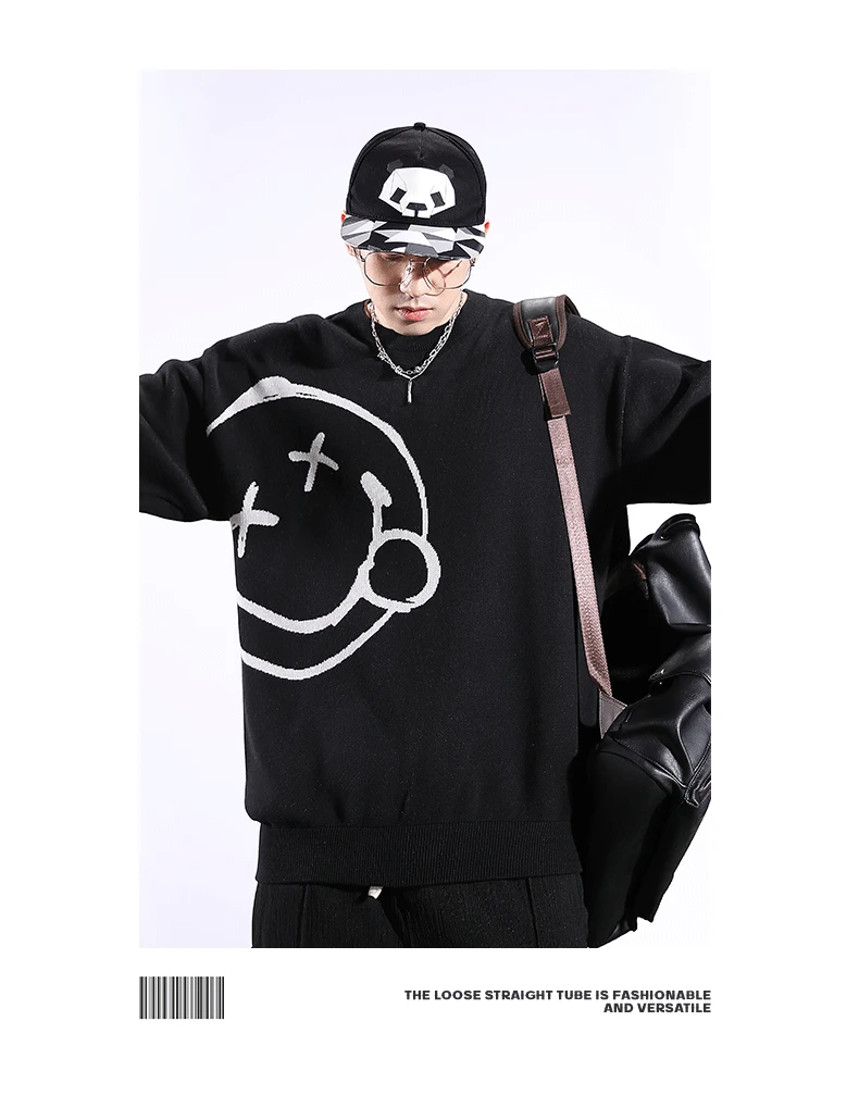 

Новинка 2022, свободный свитер GG0439 с улыбающимся лицом, мужская одежда с большим круглым вырезом, свитер от ветра