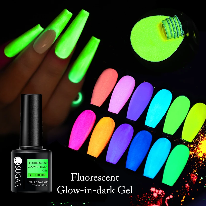 Гель-лак UR SUGAR зеленый флуоресцентный светящийся в темноте, неоновый, для ногтей под ультрафиолетовой лампой, смываемый, светящийся искусство.