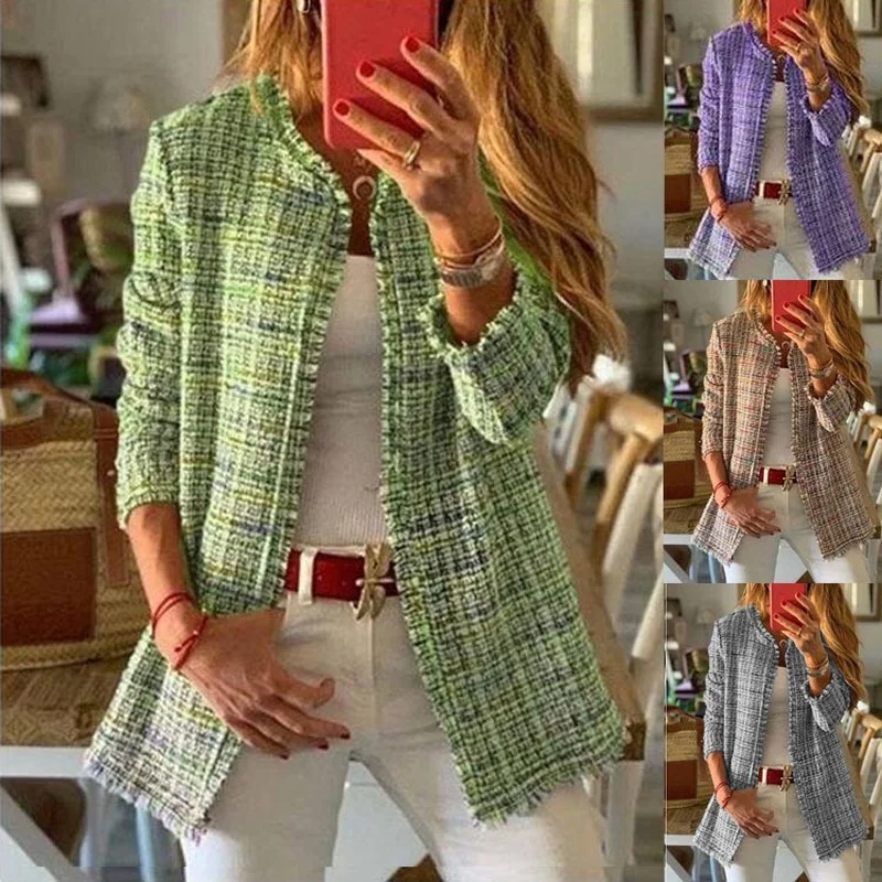 Spring Autumn Rainbow Woolen Plaid Sweater Blazer Women Long Sleeve Loose Suit Jacket Office Lady Work Wears Casual Patchwork