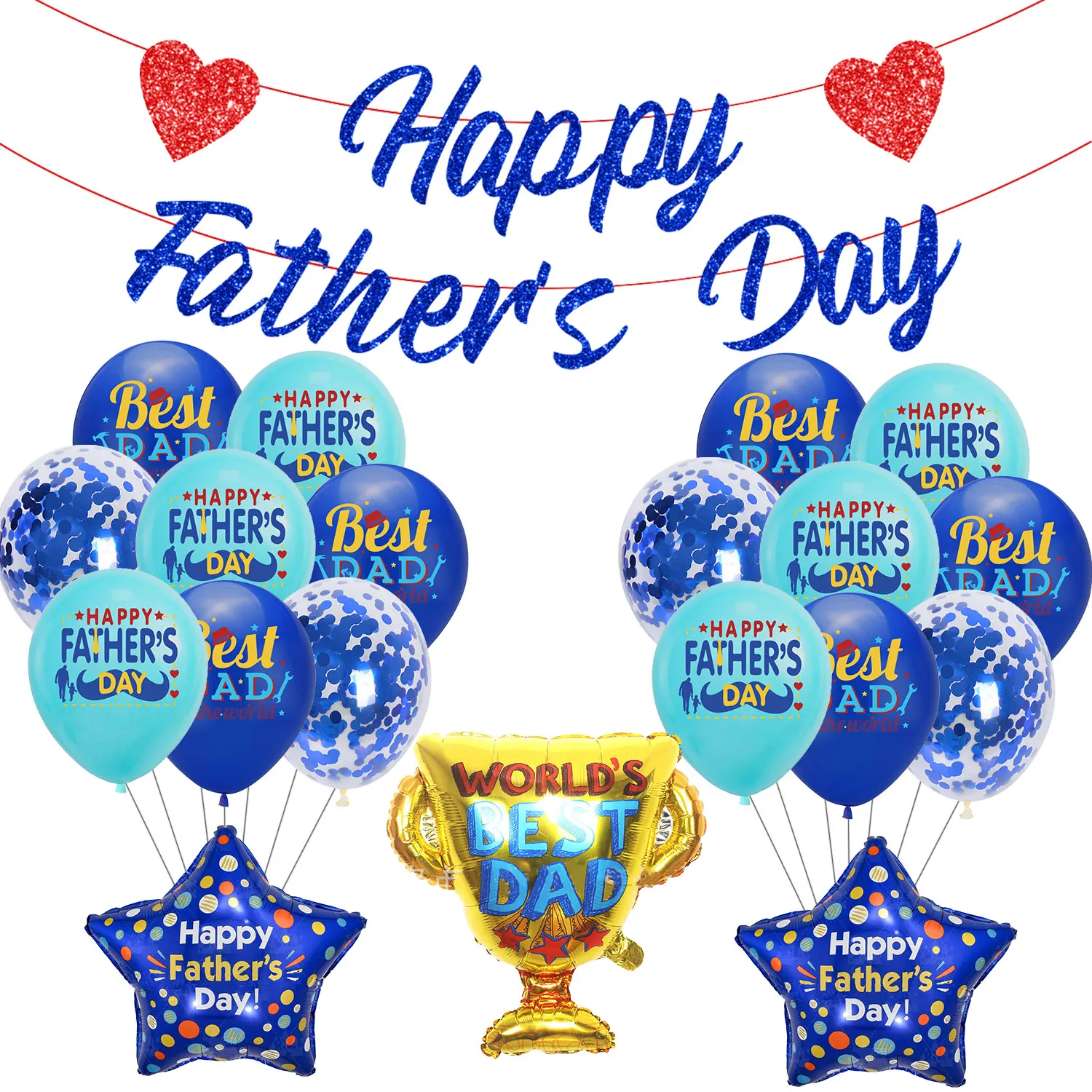 

Cheereveal Father's Day Decorations Glitter Blue Happy Father's Day Banner Best Dad Balloons Set for Fathers Day Party Supplies