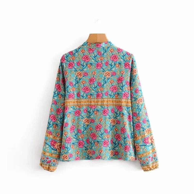 Винтажная шикарная Женская богемная блузка с цветочным принтом и V-образным