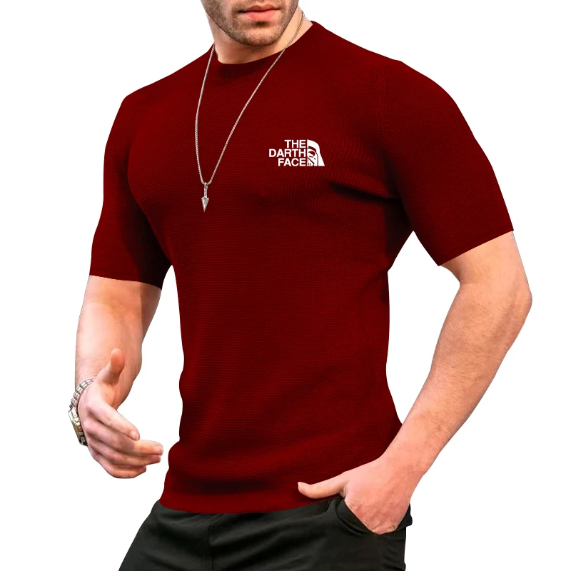 

Men's solid color fashion Waffle thin short sleeve hoodie summer quality printed label crewneck pullover