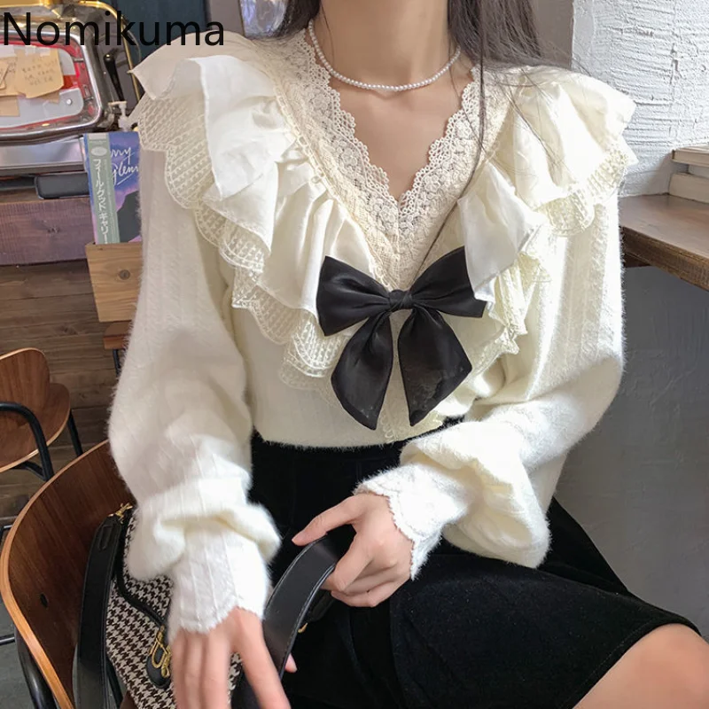 

Nomikuma Blusa Feminina Bowknot Ruffles Patchwork Lantern Sleeve Loose Camisas De Mujer Vintage Elegant Fashion Shirts for Women