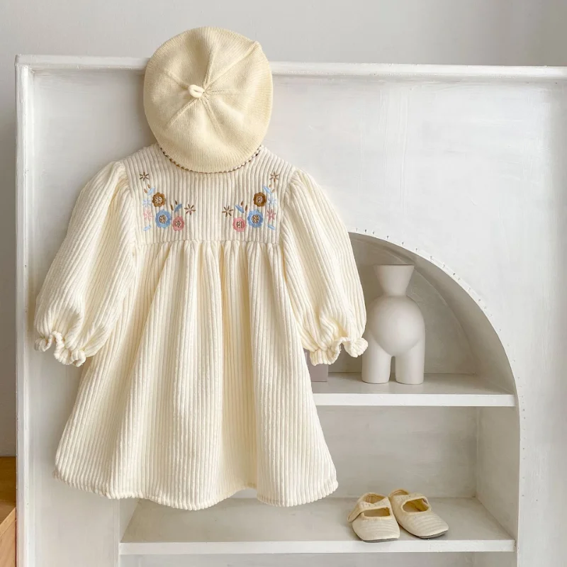 2023 Spring Baby Clothing New Baby Girls Flowers Embroidery Puff Sleeve Dress Little Princess Corduroy Dresses High Quality