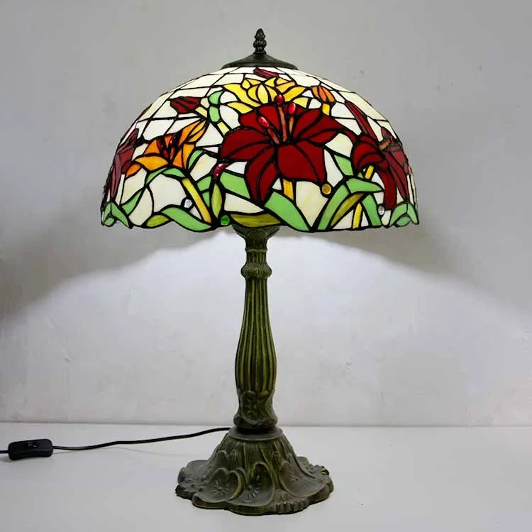 

LongHuiJing 16Inch Tiffany Table Lamps Red Flower Stained Glass Lampshade Antique Art Style Desk Lamp With Lotus Metal Base