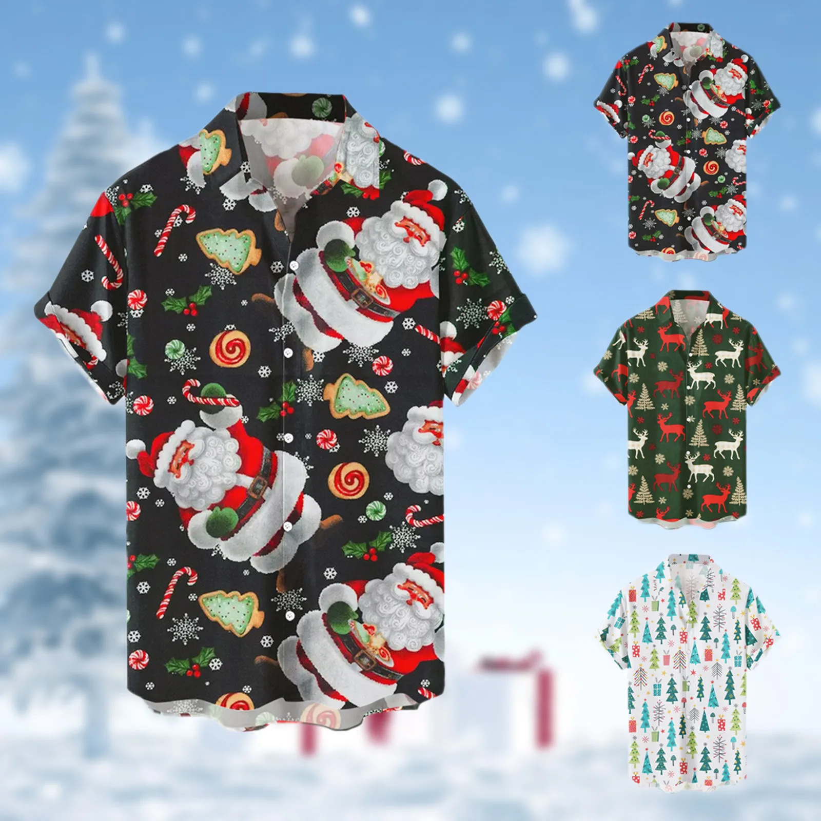 

Mens Christmas Santa 3D Digital Korean Fashion Button Shirts Loose Street Wear Blouse Tops For Spring Autumn All- Retro