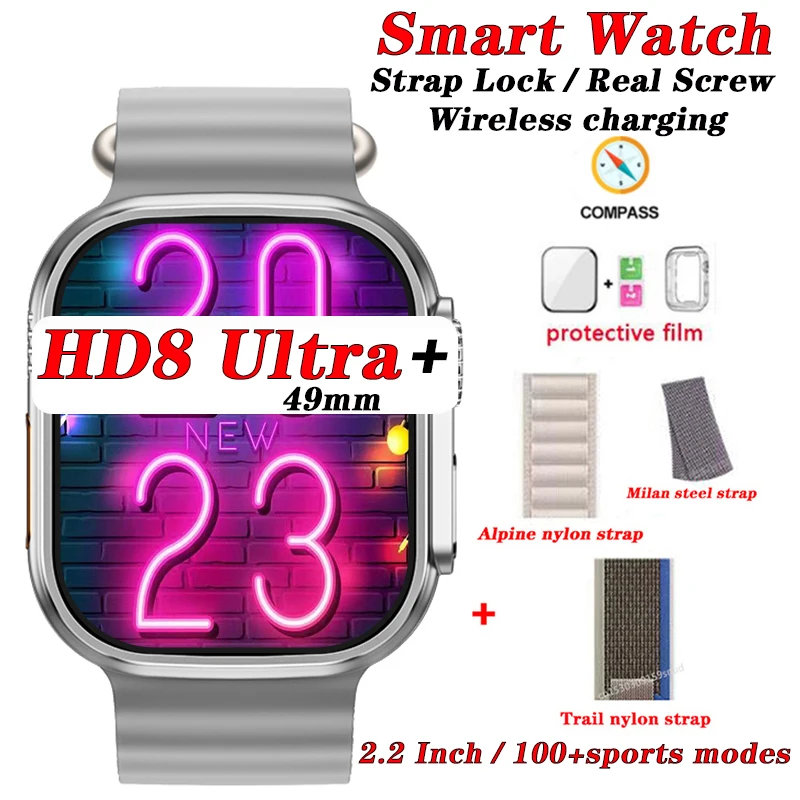 

HD8 Ultra+ Smart Watch IWO Ultra 2.2 Inch Plus Series 8 49mm Strap Lock Compass Real Screw Temperature ECG Men Women Smart Watch