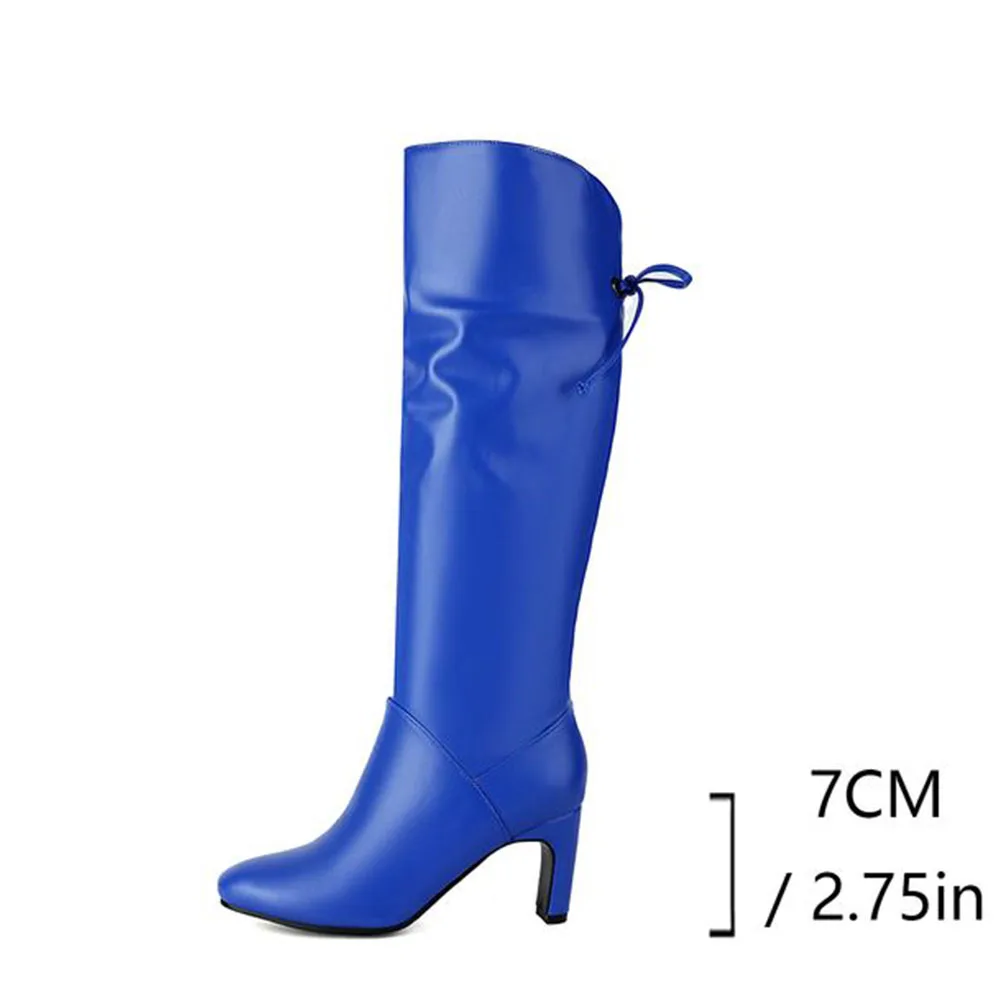 Женские сапоги до колена на высоком каблуке GIGIFOX синие большие размеры 35–44 туфли