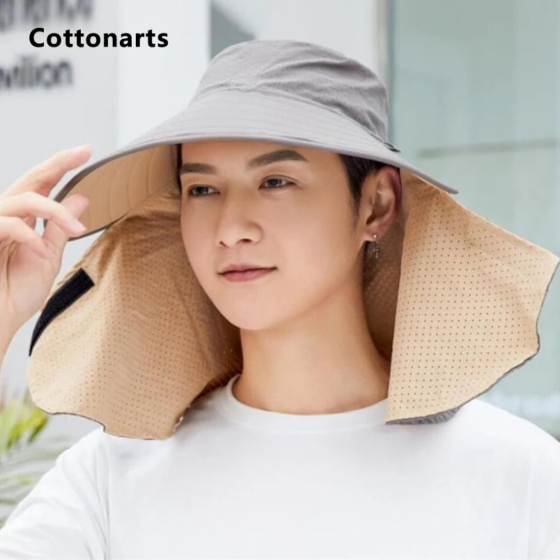 

Summer Men Sun Hat with Neck Flap Outdoor UV Protection Bucket Hat Double-sided Visors Outdoor Large Wide Brim Fishing Hat Beach