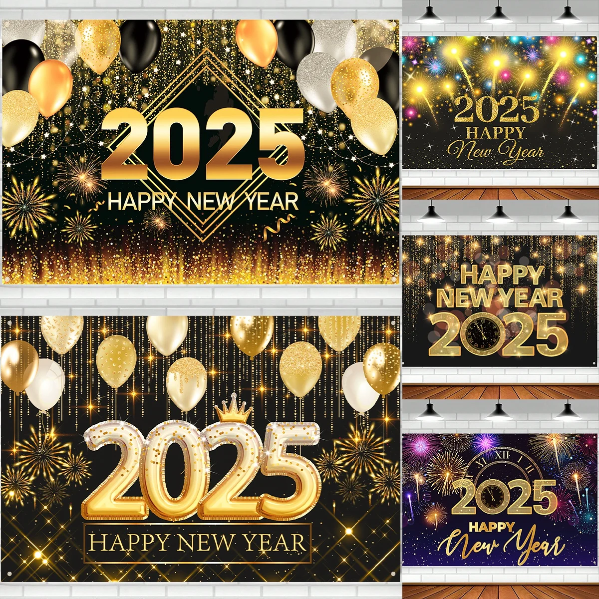 Черный золотой Новогодний фон баннер 2025 с новым годом Рождество фотоподарки