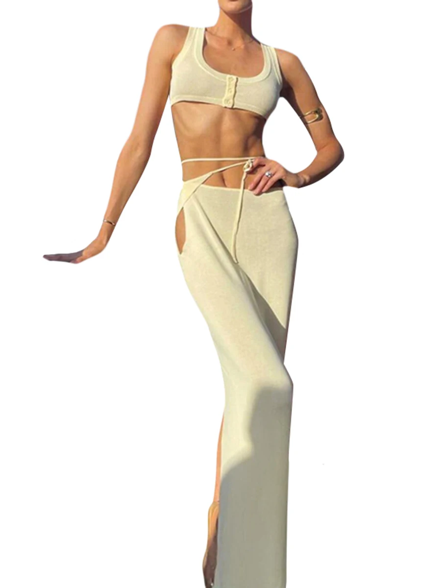

Women 2PCS Skirt Outfits Plain Sleeveless Scoop Neck Button Crop Tank High Waist Hollow Tie-Up Long Skirt Summer Wears