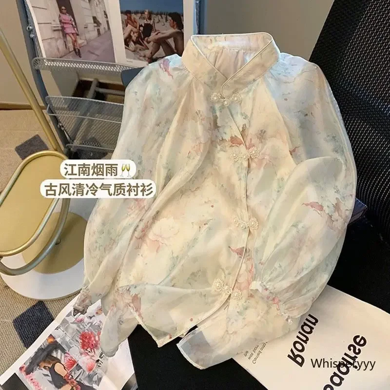 

Новинка, рубашка в китайском стиле, Женская весенне-осенняя тонкая свободная Улучшенная элегантная шифоновая рубашка с цветочным принтом и пузырьковыми рукавами, современный модный топ Qipao