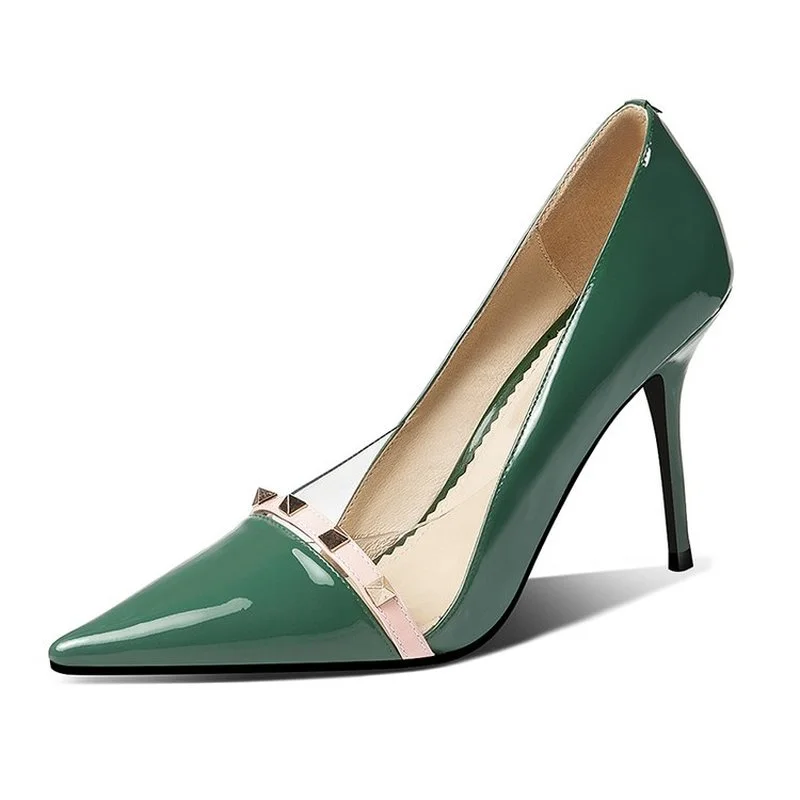 

Women Dress Shoes Stilettos 2022 New Fashion Patent Leather Sexy Heels Shoes Pointed Toe Rivet Super High Heels Green Pumps