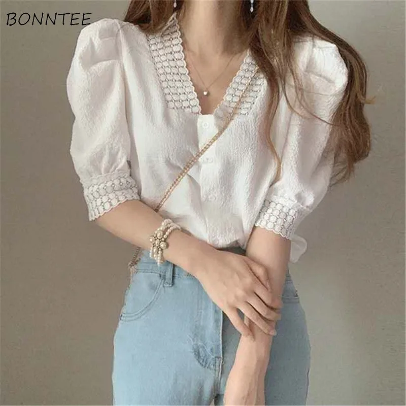 

Shirts Women Solid Hollow Out Simple Elegant Delicate Charming Korean Style Spring All-match Daily Ladies Vintage Cozy Seductive