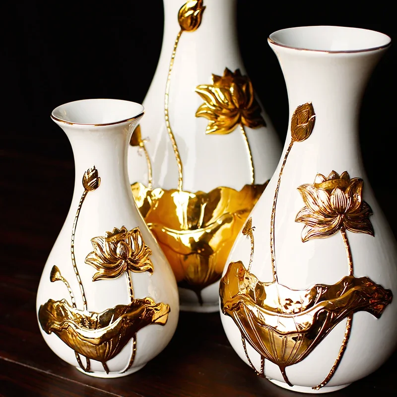 Керамическая ваза с золотыми цветами лотоса домашняя Настольная Ваза Декор зал