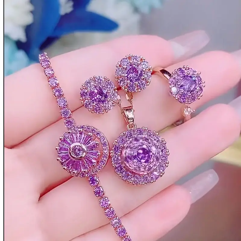 

Hot Sale Fashion Purple Zircon Rotating Pendant Round Full Crystal Necklace Bracelet Ring Earrings Set