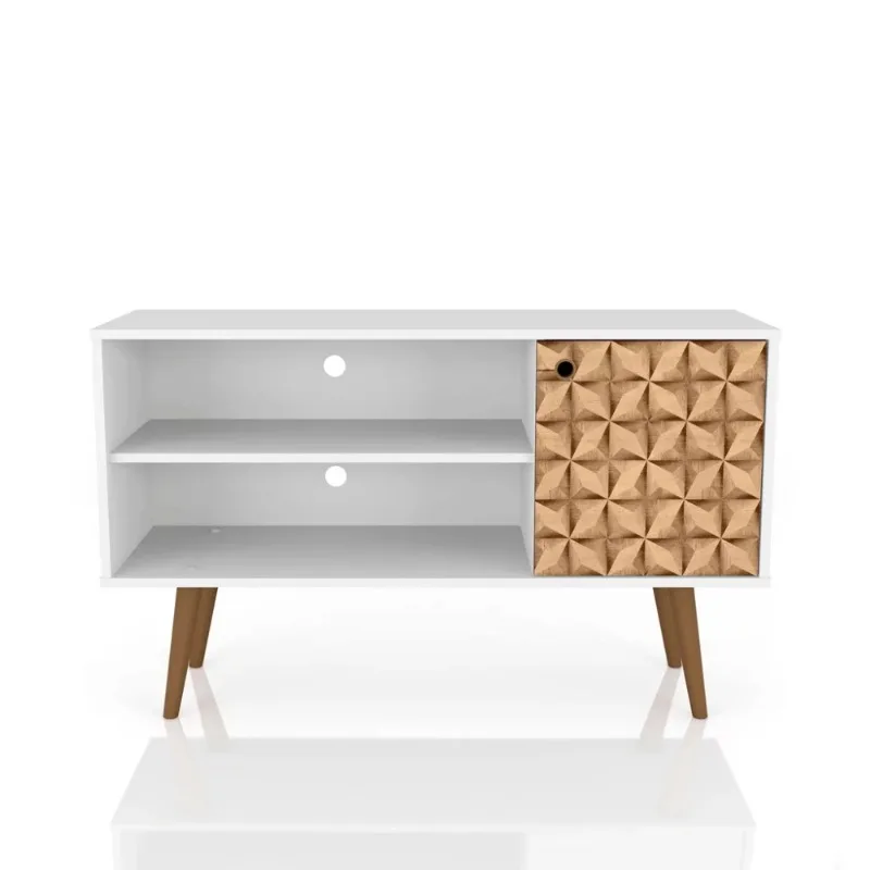 

42.52" Mid Century - Modern TV Stand with 2 Shelves and 1 Door, White and Brown