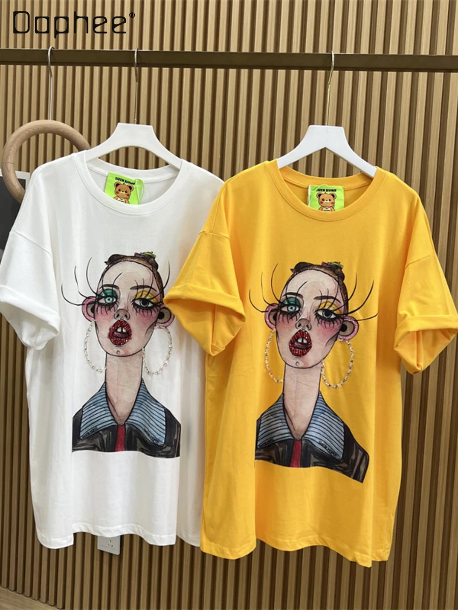 

2022 Summer Clothes New Women's Oversize Cotton Heavy Industry Beaded Distressed Printed Round Neck Short Sleeve Loose T-shirt