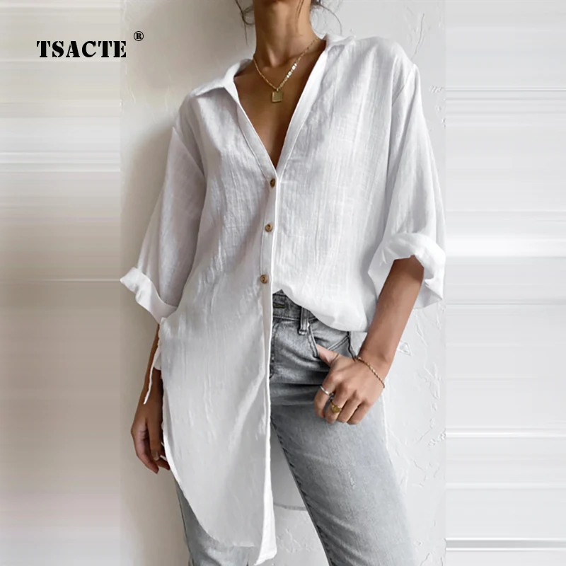 

Summer Fashion Women's Cotton Linen Mid Length Shirt Solid Color Casual Buttons Cardigan Streetwear Elegant Lapel Office Blouses