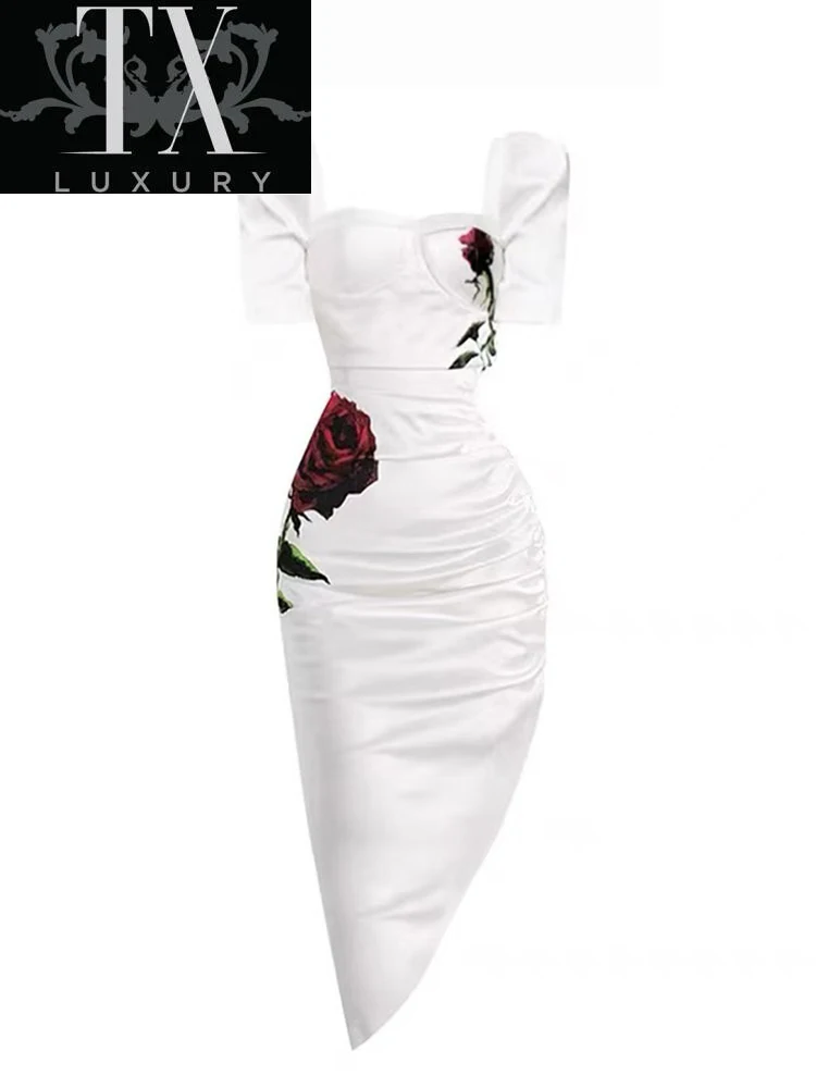 

Women French Sexy Elegant Square Collar Fashion Vintage Rose Print Vestidos Mujer Bodycon Irregular Party Club Midi Dress