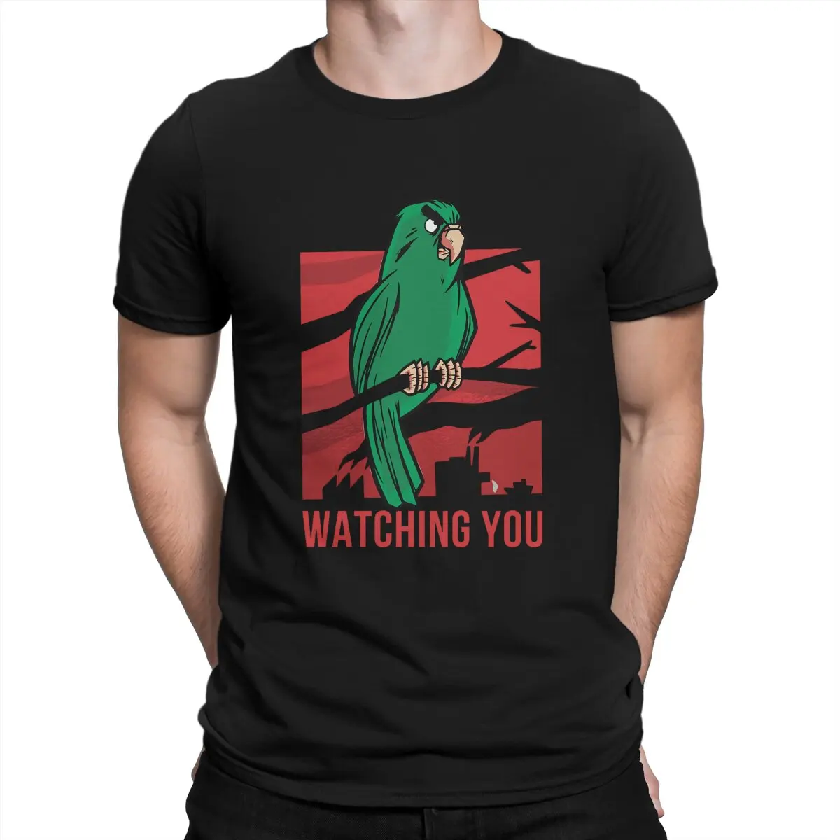 

Men's Watching You Classic T Shirts Parrot Animal Pure Cotton Clothing Vintage Short Sleeve Crew Neck Tee Shirt Gift Idea