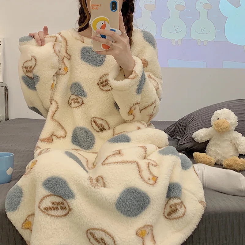 Yasuk Winter Fashion Women's Casual Lovely Print Duck Warm Soft Sleepwear Loose Pajamas Nightdress Flannel Pullover Kawaii