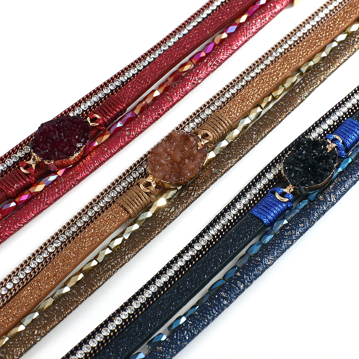 Amorcome Layered Leather Wrap Bracelet Boho Druzy Resin Stone Crystal Bead Charm Bracelets Magnetic Clasp Jewelry Gift for Women |