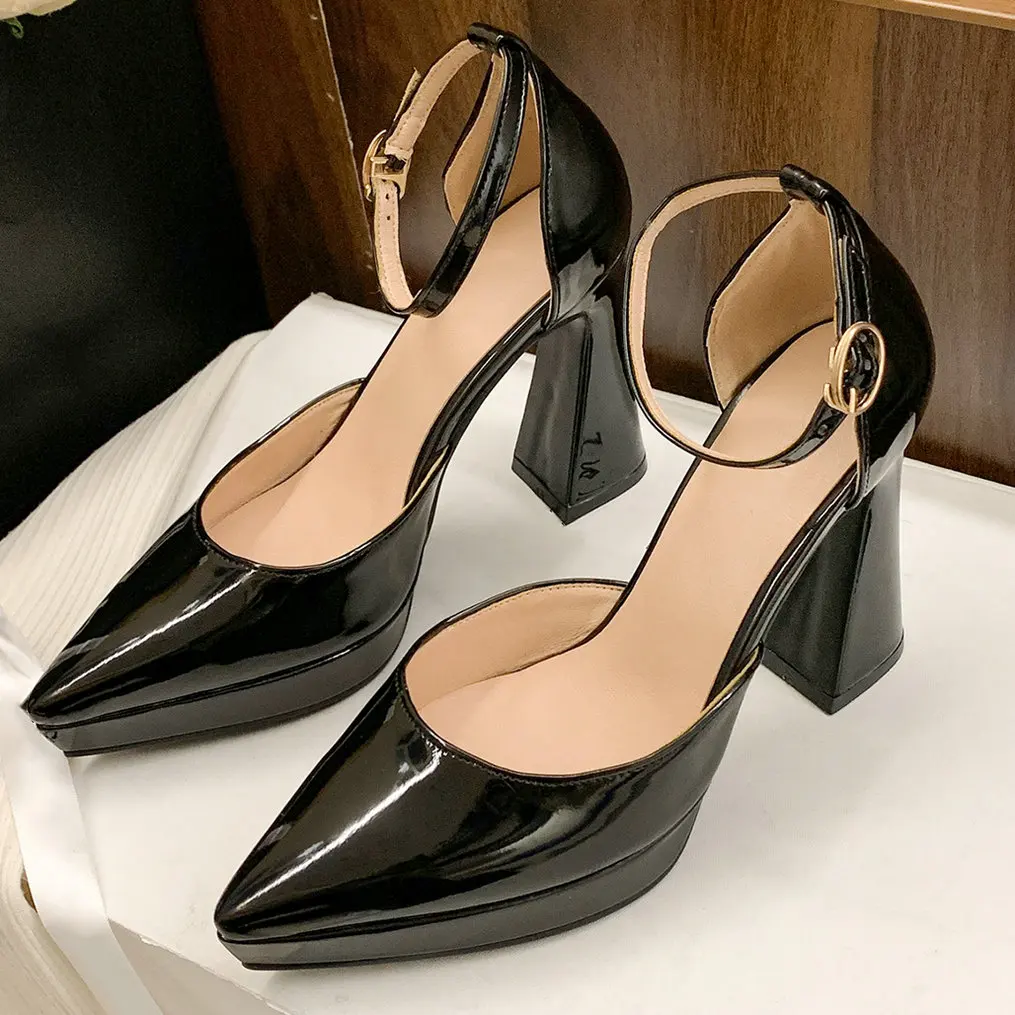 Eokkar 2022 Black Patent Leather Pointed Toe Ankle Strap Pumps Block High Heel Pumps White Dorsay High Heels Sexy Wedding Pumps