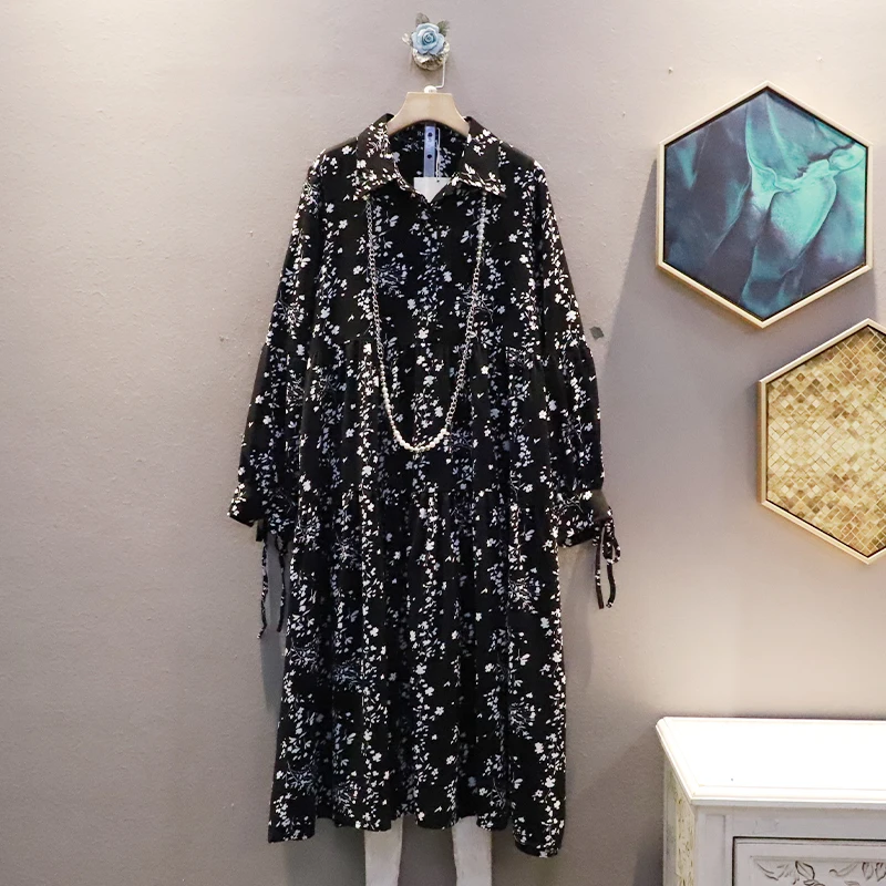 

SuperAen Turn-down Collar Retro Fashion Floral Printing Long Shirt Dress Autumn New Oversized Long Dress Women