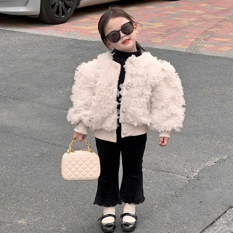 

Зимняя меховая куртка для девочек, Детское пальто, верхняя одежда для малышей, детская теплая одежда из искусственного меха, с цветочным кру...