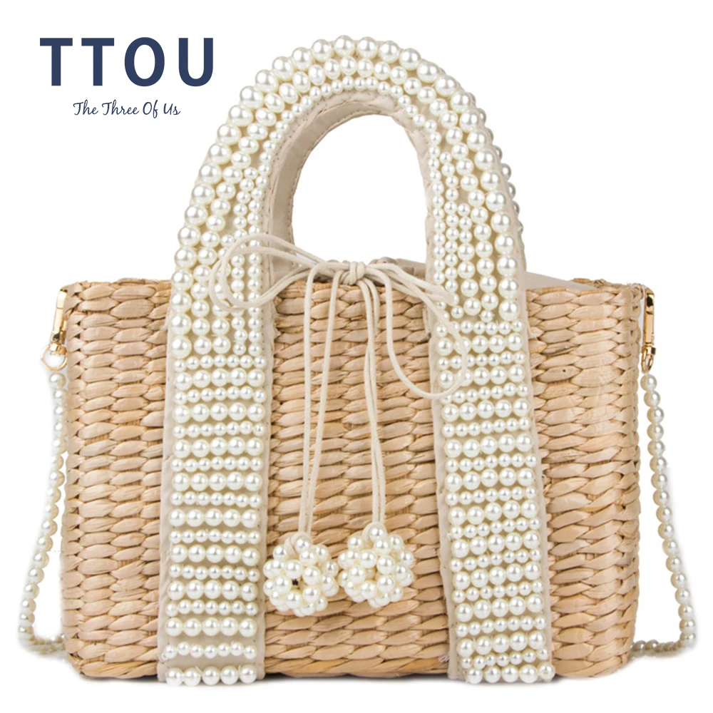 

Pearl Large Capacity Straw Bag Designer Wicker Woven Women Handbags Summer Beach Rattan Shoulder Bag Big Tote Bali Purses 2022