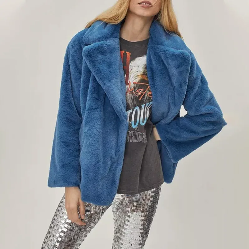 

Winter Warm Faux Fur Women's Coat Solid Color Lapel Pocket Loose Single Row One Button Faux Rabbit Hair Coat Coat