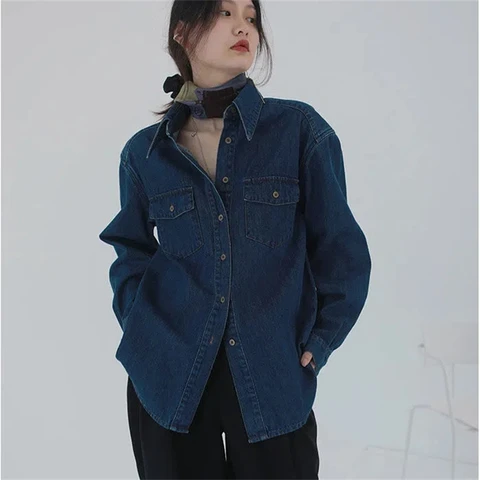 Винтажная демисезонная темно-синяя свободная джинсовая куртка с карманами, Женская универсальная однобортная блузка, модная уличная одежда, топы, 2023