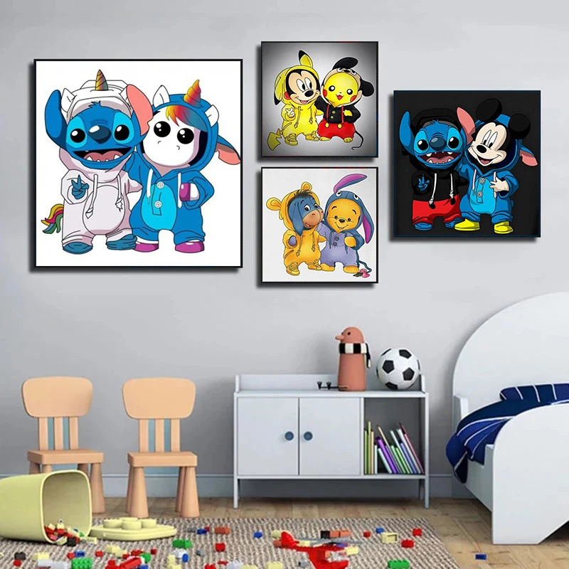 

Disney Animation Canvas Mickey Stitch and Winnie Canvas Decoration Poster for Baby Room Wall Decoration Living Room Decoration