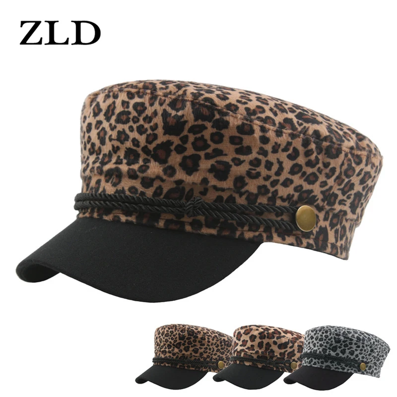 

ZLD Beret Hats for Women Autumn Winter French Leopard Beret Outdoor Wild Navy Cap Leopard Print Military Flat Cap Female Hat