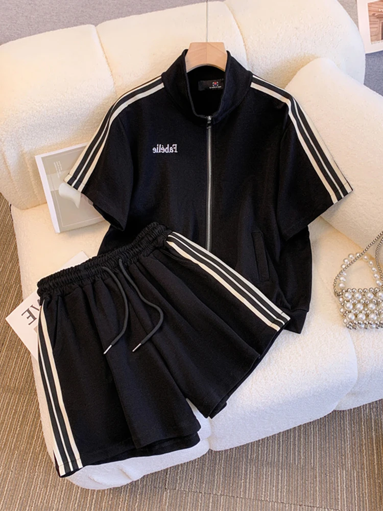 

Summer Outfits Shorts Suit For Women Fashion 2023 Short Sleeve Cardigan Zipper Top+Casual Sports Striped Pants Two Piece Sets