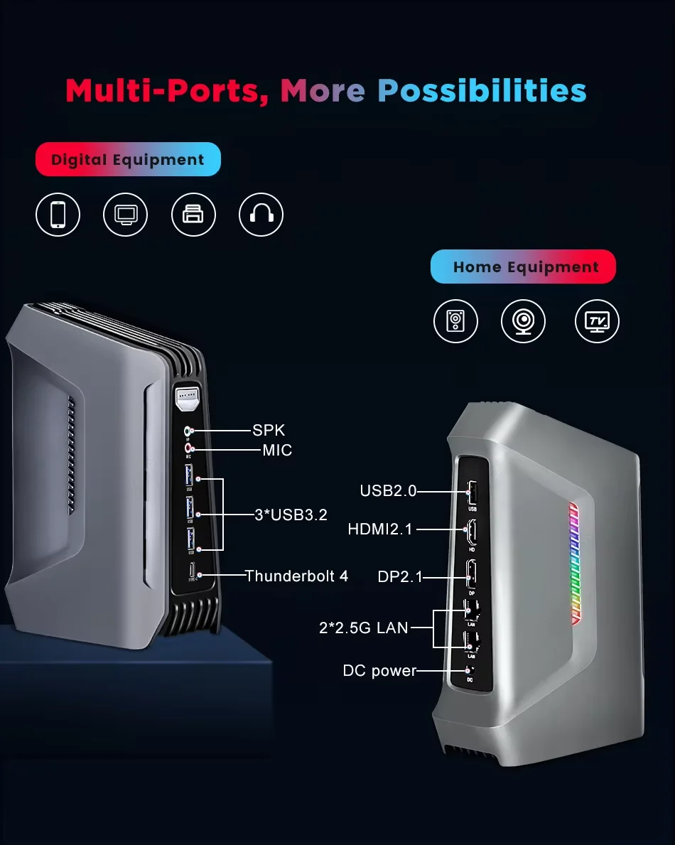 Фото Игровой мини-ПК Topton F12 с 2x2.5G LAN, AI-функциями, процессором Intel Core Ultra 9 285H/7 255H 15-го поколения, Thunderbolt 4, 2xDDR5, 2xPCIe, Windows 11, RGB-подсветкой и WiFi6 №4