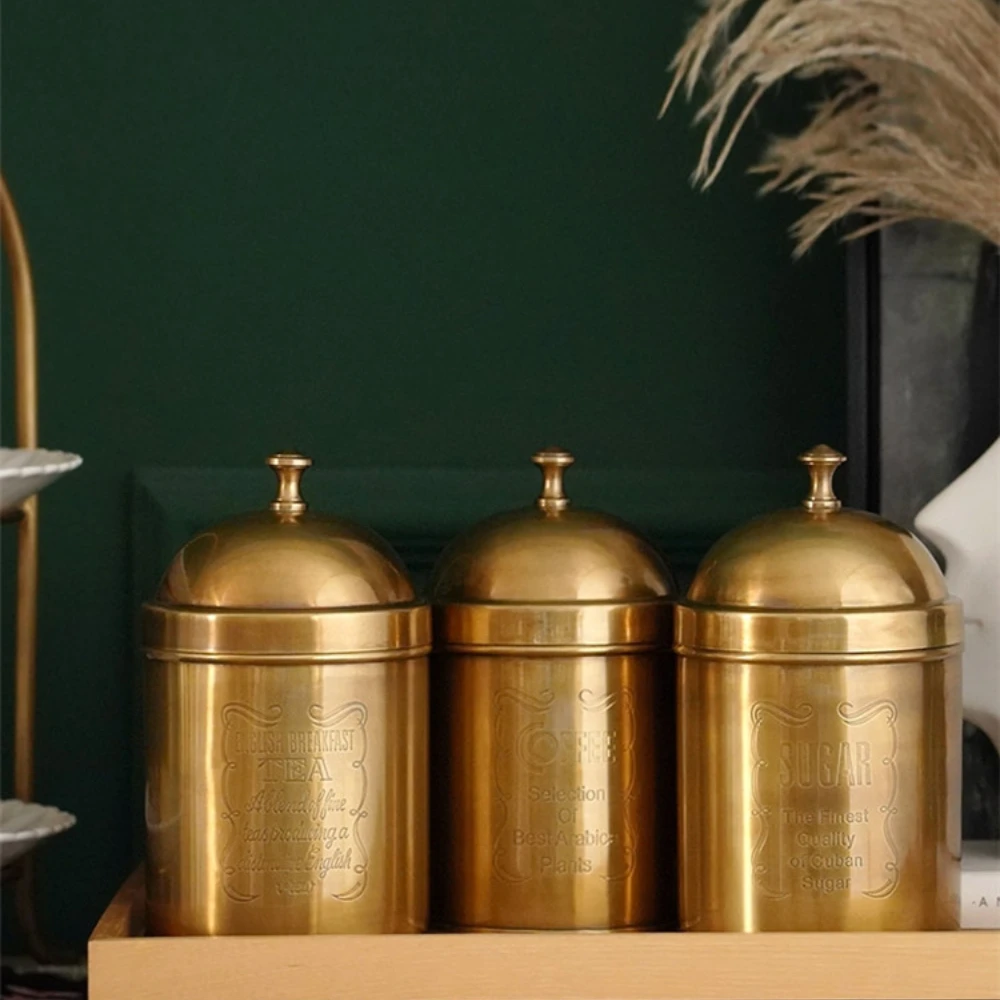 Kitchen Storage Tank Solid Brass Coffee Pot Sugar Bowl Tea Pot Retro Nostalgic Style Tea Caddies With Lid Copper Kitchen Storage