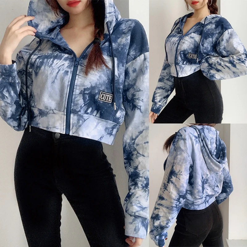 

Autumn And Winter Cropped Hoodie Fashion Women's Loose Ink Tie-Dye Big Pocket Zipper Cardigan Sweater