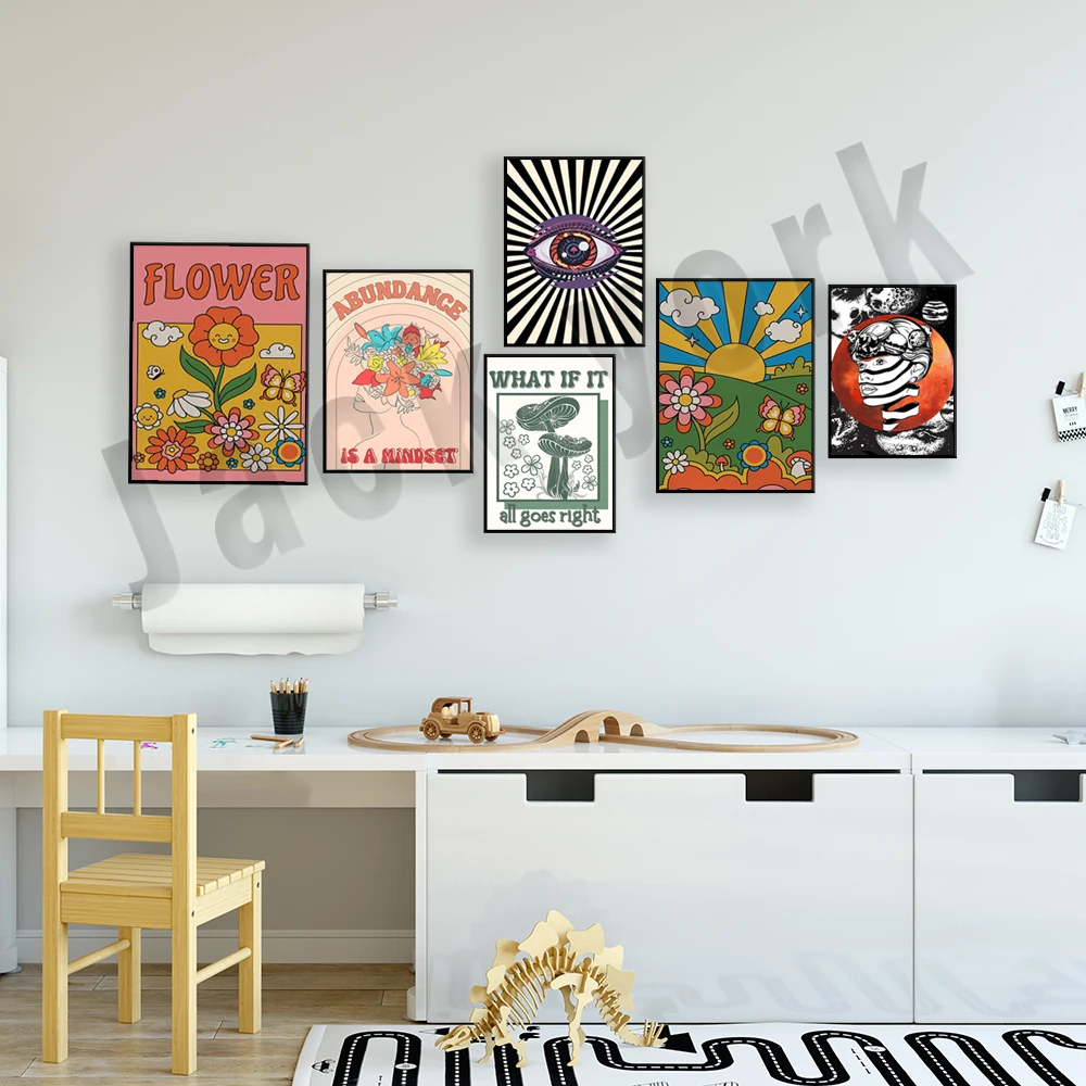 Психоделический плакат 70-х с радужным закатом знак мира в стиле хиппи сглаза