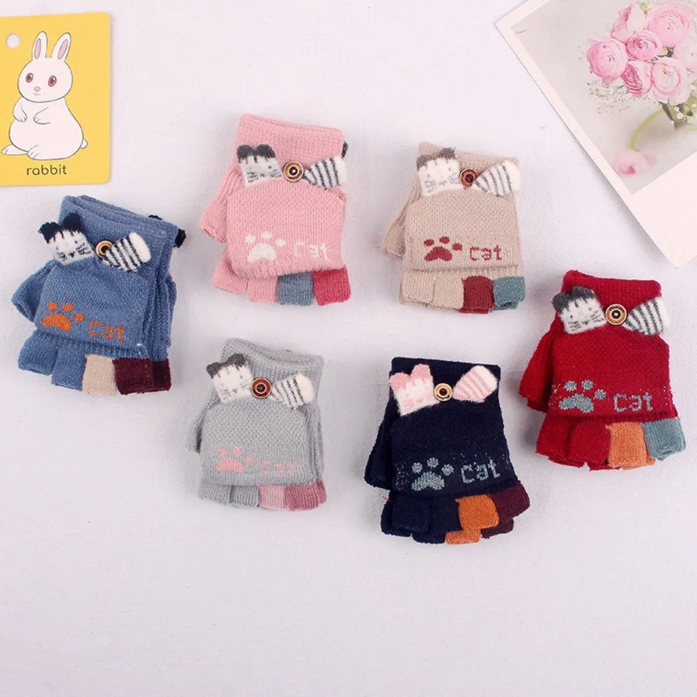 

For Student Winter Windproof Nylon Cute Keep Warm Flip Cover Gloves Half Finger Gloves Children's Gloves Thick Mittens