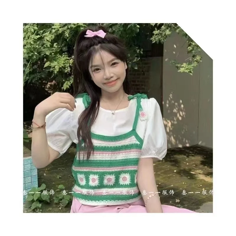 

Женский трикотажный короткий ремень, зеленый короткий ремень на бретельках, придающий вид, тонкий и свежий вид сзади, лето 2022