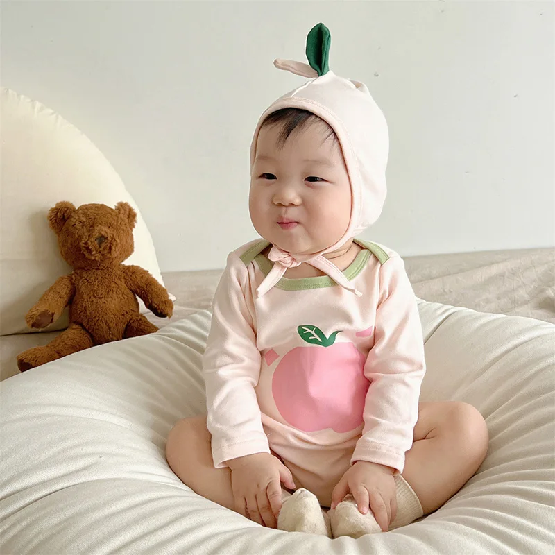 

2022 Autumn Baby Bodysuits Long Sleeve Girls One Piece Peach Style Baby Clothing