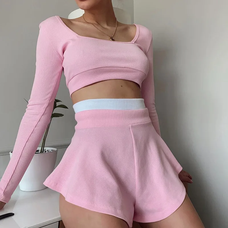 Fashion Casual Sport Shorts Skirts Set Women Summer Leisure Two Piece Set Shorts Set Solid Colors Patchwork Sexy Slim Crop Tops
