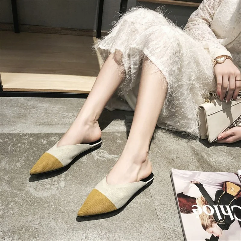 

Women Slippers 2022 Woman Sandals Flat Shoes Summer Knitting Pointed Toe Sexy Wear Baotou Set of Feet All-match Banquet Shoes